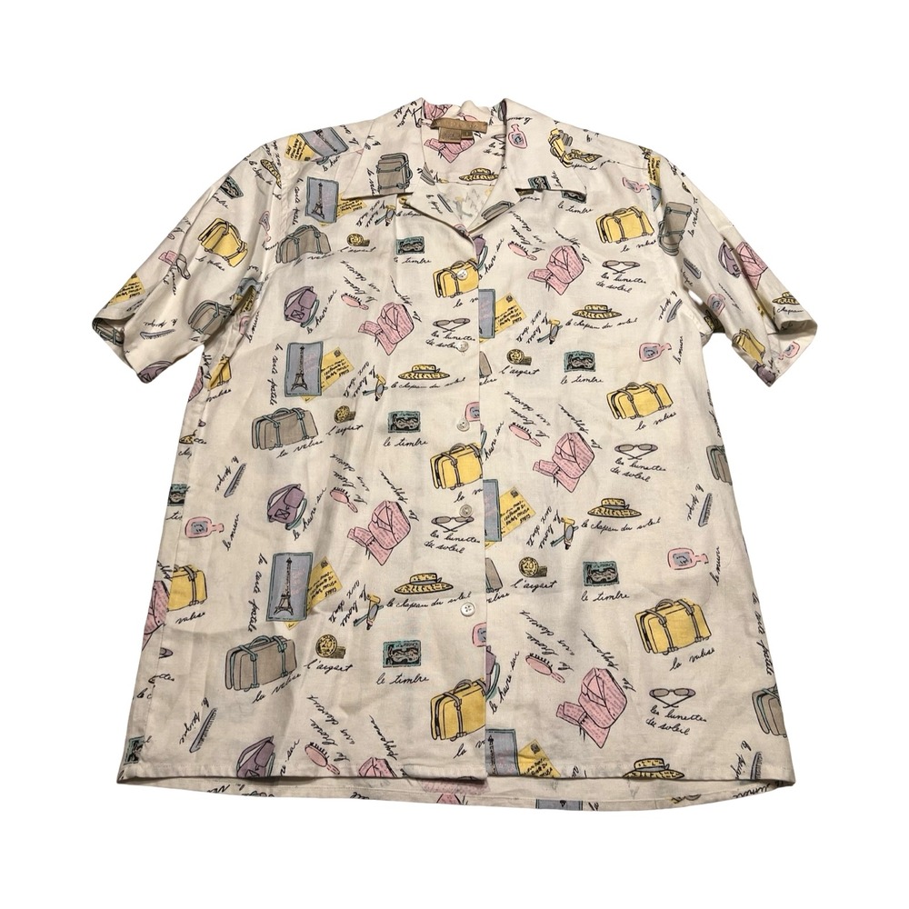 Studio 21 Vintage 100% Linen‎ Parisian Travel Novelty Print Button Up Shirt S